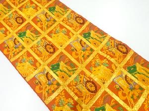 格子に御所車・芒・南天模様織出し袋帯